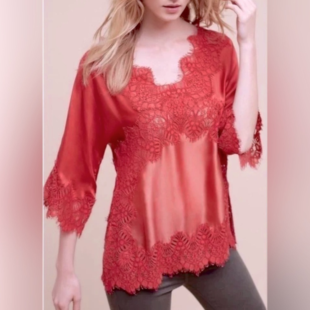 Anthropologie Moulinette Soeurs vêtements Orange Lace Front Blouse Top Size XS